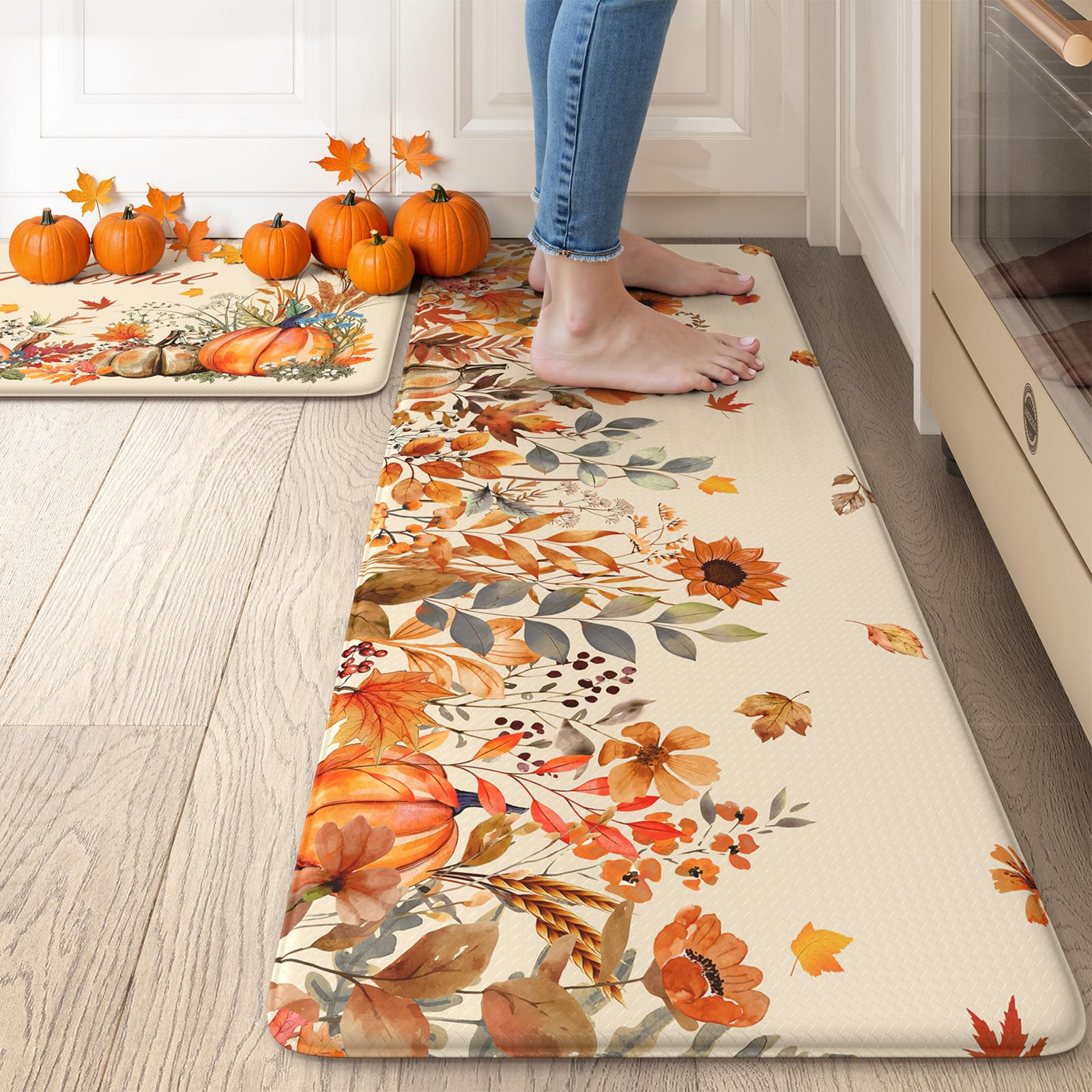 Collive Kitchen Mats for Floor Anti Fatigue, Fall Orange Floral Cushioned Kitchens Rugs Set of 2,... | Amazon (US)