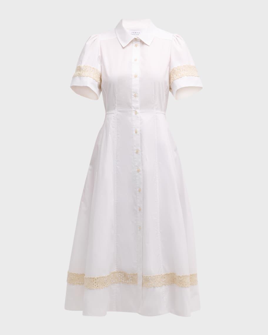 Tanya Taylor Carlton Short-Sleeve Crochet-Trim Midi Shirtdress | Neiman Marcus