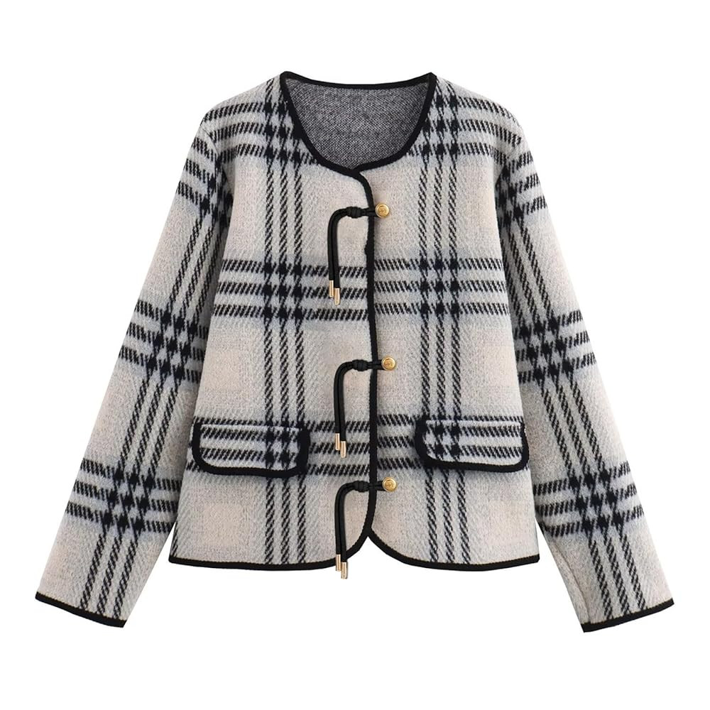 HOULENGS Women's Vintage Button Down Cardigan Sweater Plaid Print Long Sleeve Knit Coat with Pock... | Amazon (US)