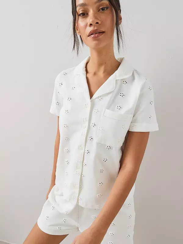 The Very Collection Short Sleeve Cut Out Broidere Short Pyjama Set - White | Very (UK)