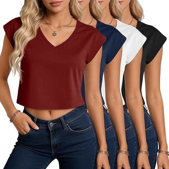 4 Pack Women's V Neck Cropped Tops Cap Sleeves Short T Shirts Loose Fit Casual Summer Crop Basic ... | Amazon (US)