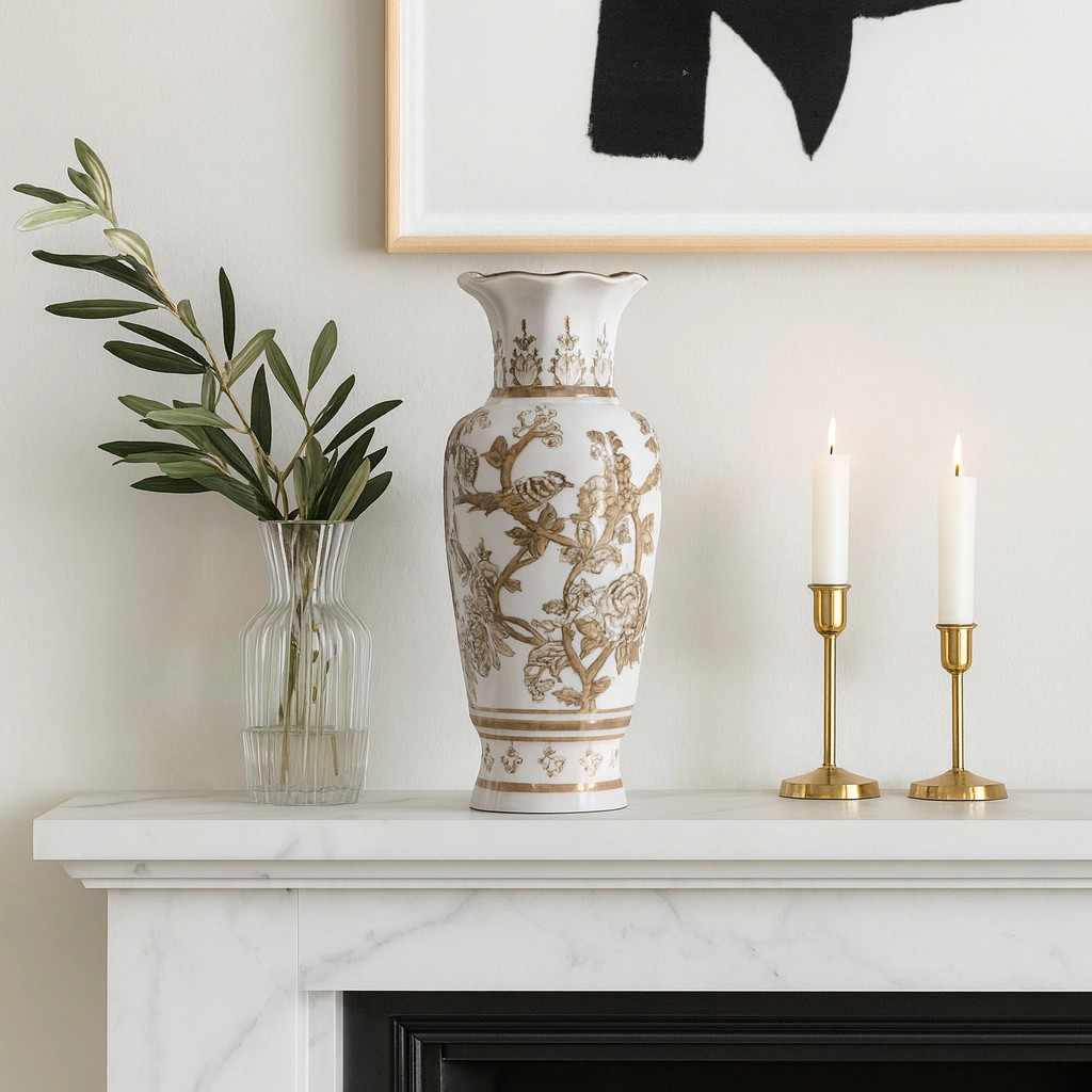 Decorative Bird and Vines Chinoiserie Vase - White & Brown, 13" | Overstock