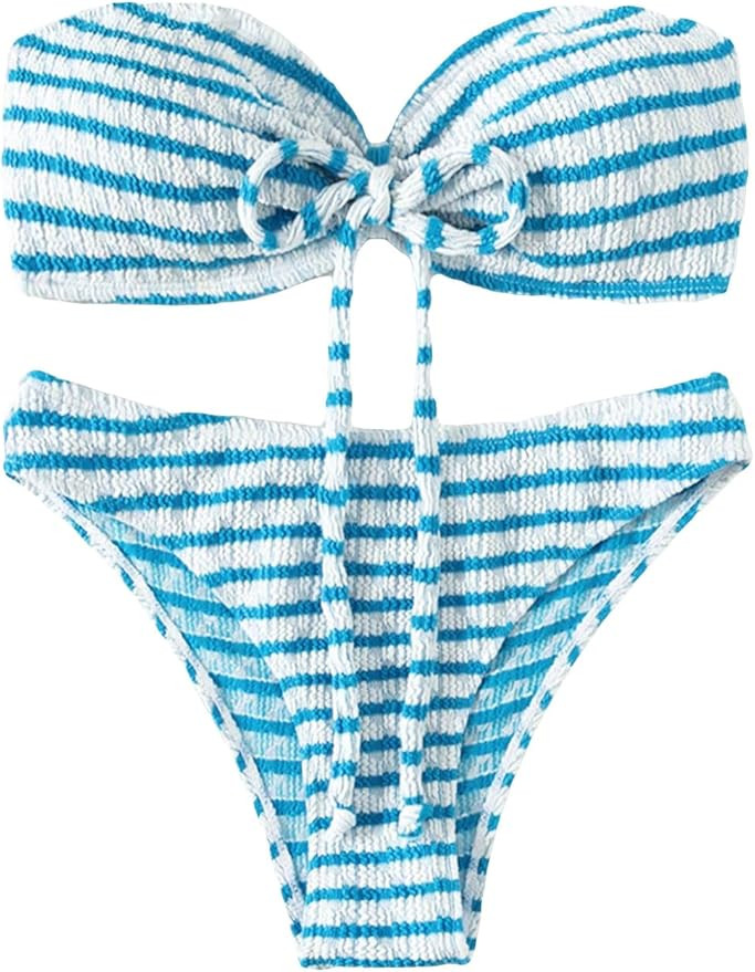 Milumia Women's 2 Piece Swimsuits Striped Tie Back Halter Top Bikini Sets Swimwear | Amazon (US)