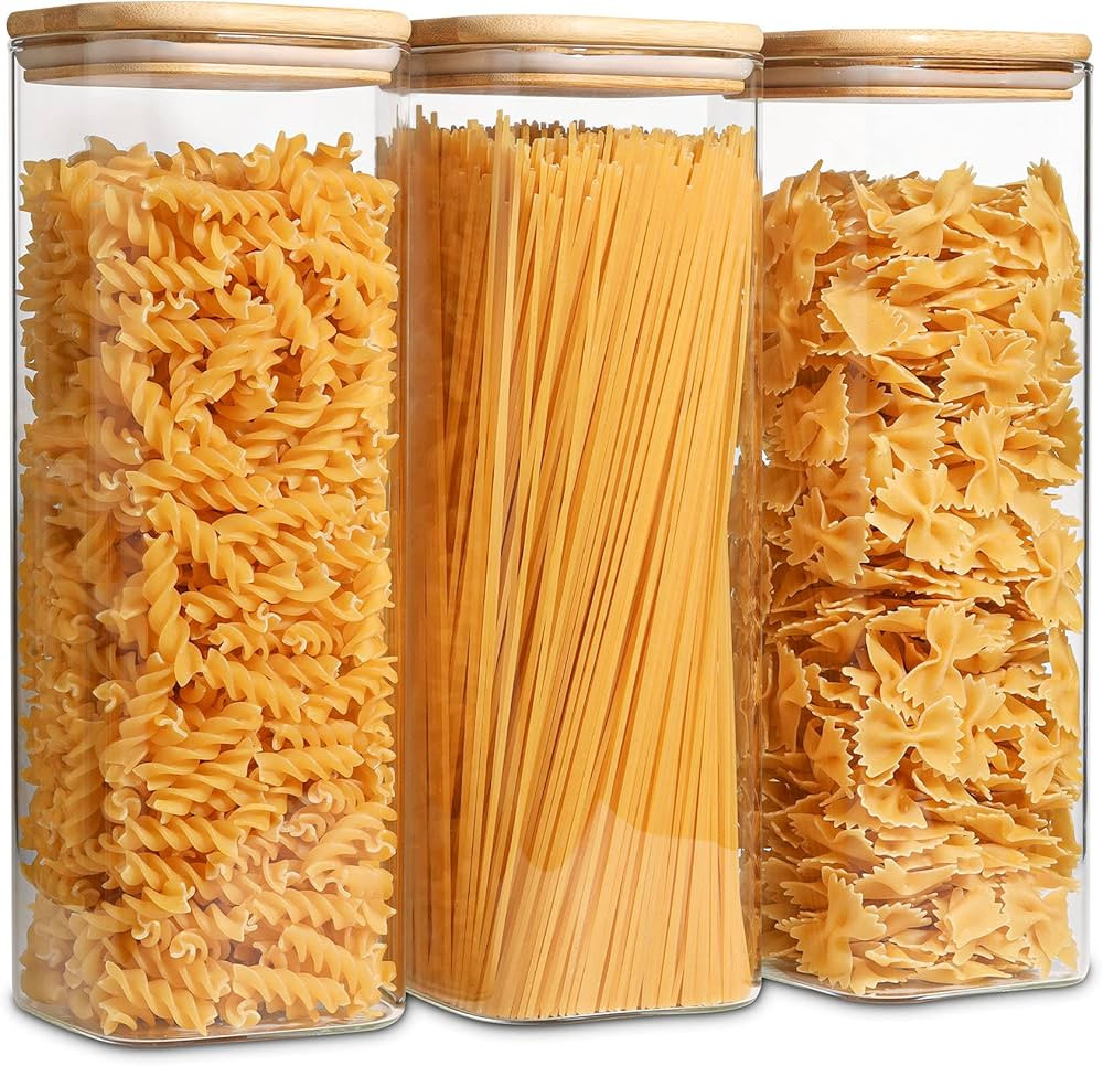 ComSaf Glass Spaghetti Pasta Storage Containers with Lids 73oz Set of 3, Tall Clear Airtight Food... | Amazon (US)