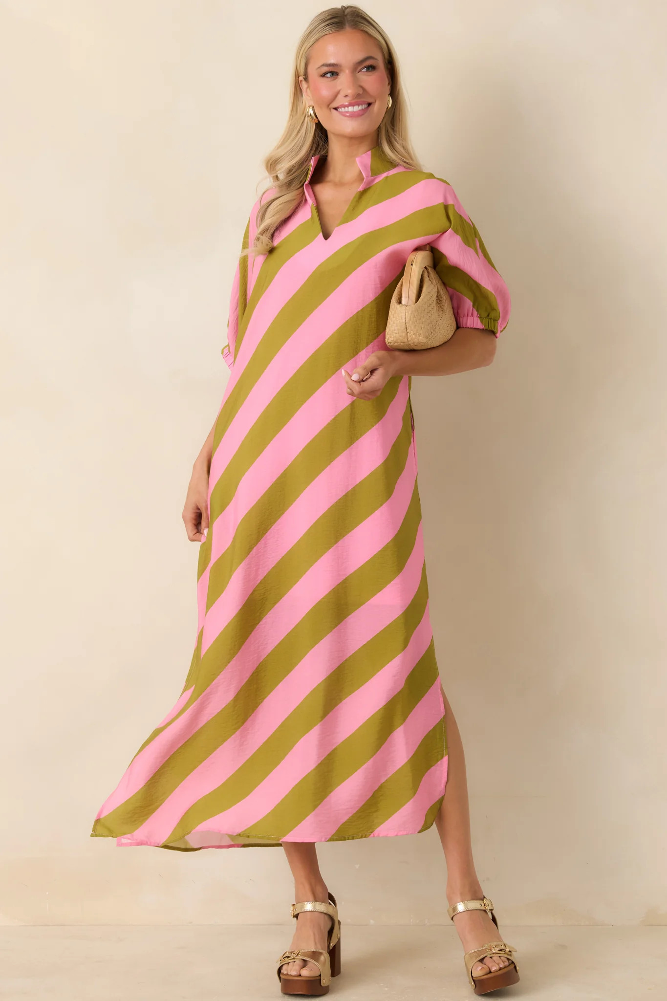 Pretty Persuasive Pink & Olive Green Stripe Maxi Dress | Red Dress