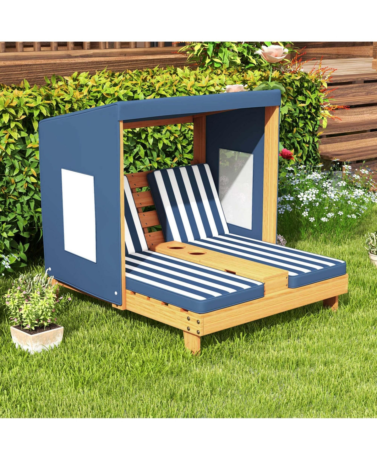 Costway Kids Double Chaise Lounge Patio Lounge Chair with Cup Holders & Awning - Blue | Macy's