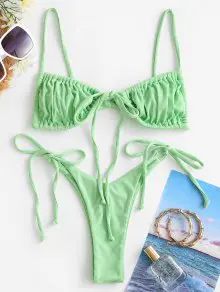 ZAFUL Cheeky Ribbed Tie String Bikini Swimwear   ALGAE GREEN BLACK LIPSTICK PINK PEACOCK BLUE WHI... | ZAFUL (Global)