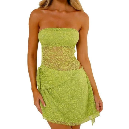 Acuteok Women s 2 Piece Summer Outfits Sleeveless Off Shoulder Tube Tops Lace Floral Skirt Set | Walmart (US)