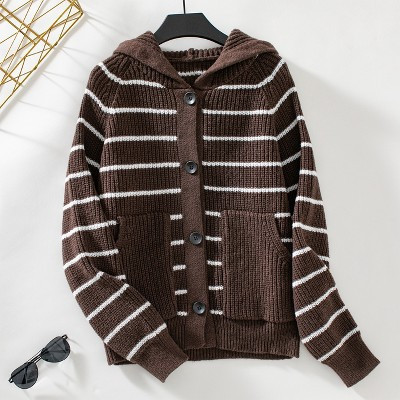 Women's Striped Hooded Cardigan Casual Long Sleeve Button Open Front Knit Sweater Brown XL | Target