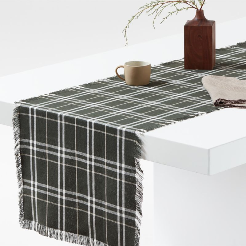 Craft 120" Green Plaid Organic Cotton Fringe Table Runner + Reviews | Crate & Barrel | Crate & Barrel