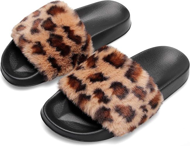 Spesoul Womens Furry Slippers Open Toe Indoor Outdoor House Casual Flat Slides Sandals | Amazon (US)