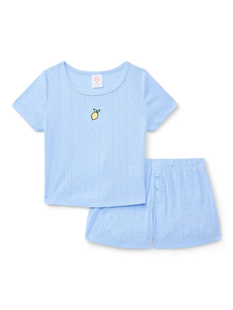 Wonder Nation Girls Pointelle Short Sleeve Top and Shorts Pajama Set, 2-Piece, Sizes 4-18 | Walmart (US)