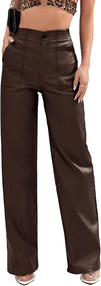 Faux Leather Pants High Waist Coated PU Button Straight Leather Black Leggings Wide Leg Pants wit... | Amazon (US)