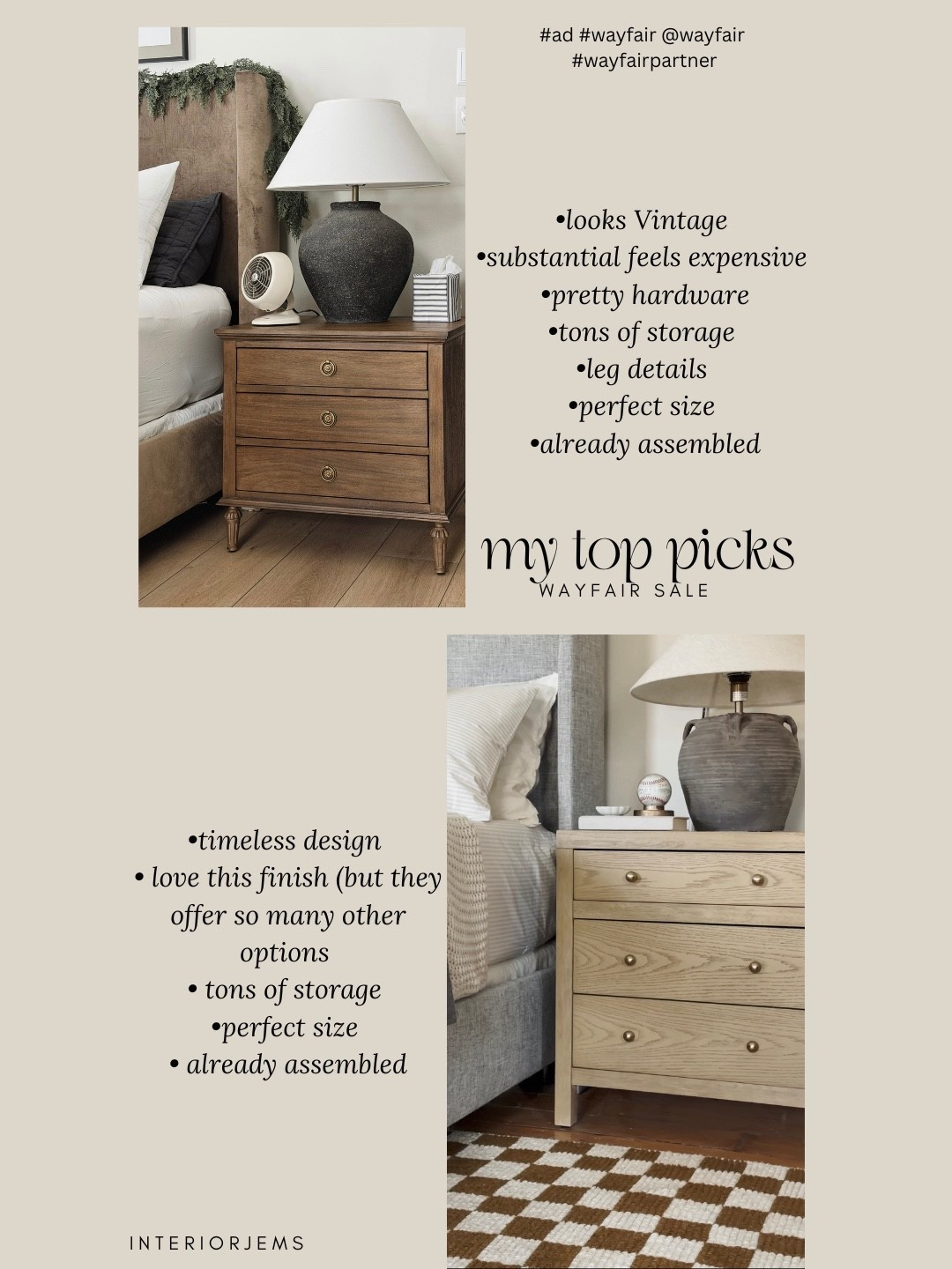 #WayfairPartner
These two nightstands are my top Wayfair sale picks. New to me, but they pass for designer. Substantial mid range pieces with great storage and a really good scale. Both come fully assembled and are a mix of solid wood. The finishes are beautiful, the hardware is spot on, and I didn’t feel the need to change a thing. Both are on sale right now.
#ad #wayfair @wayfair 

#LTKGiftGuide #LTKSaleAlert #LTKHome