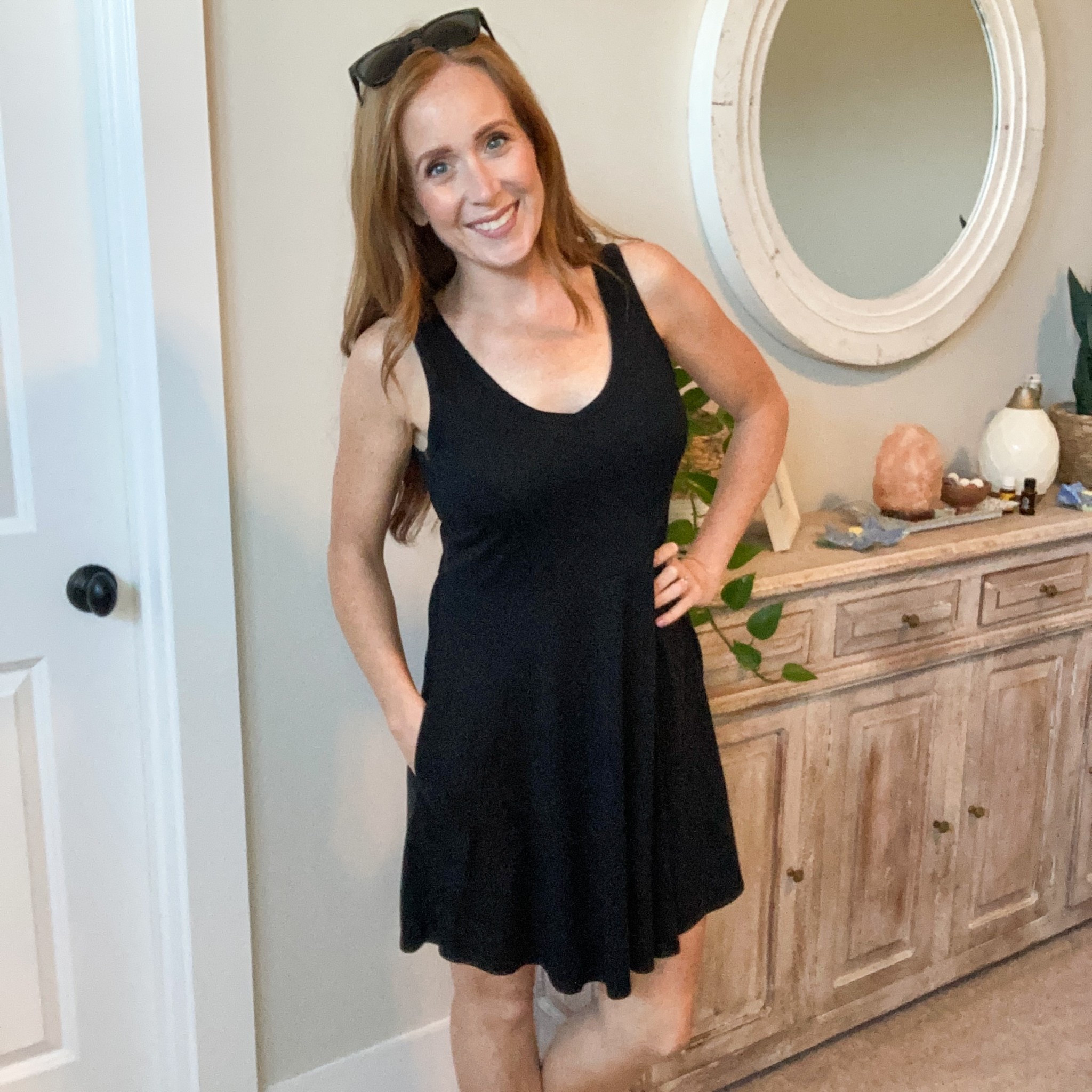 This dress is so soft and way for spring and summer. It has a flattering sold vneckline, pockets, a comfortable length, and it comes in over 25 different colors and patterns. It is a cotton spandex blend and I got my normal size. I love throwing it on over my bathing suit .

#LTKStyleTip #LTKOver40 #LTKFindsUnder50