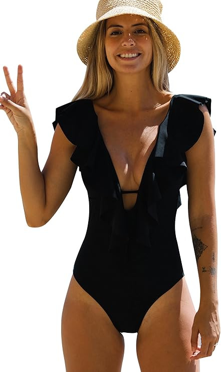 Women One Piece Swimsuit V-Neck Ruffle Bathing Suit Padded Monokini | Amazon (US)