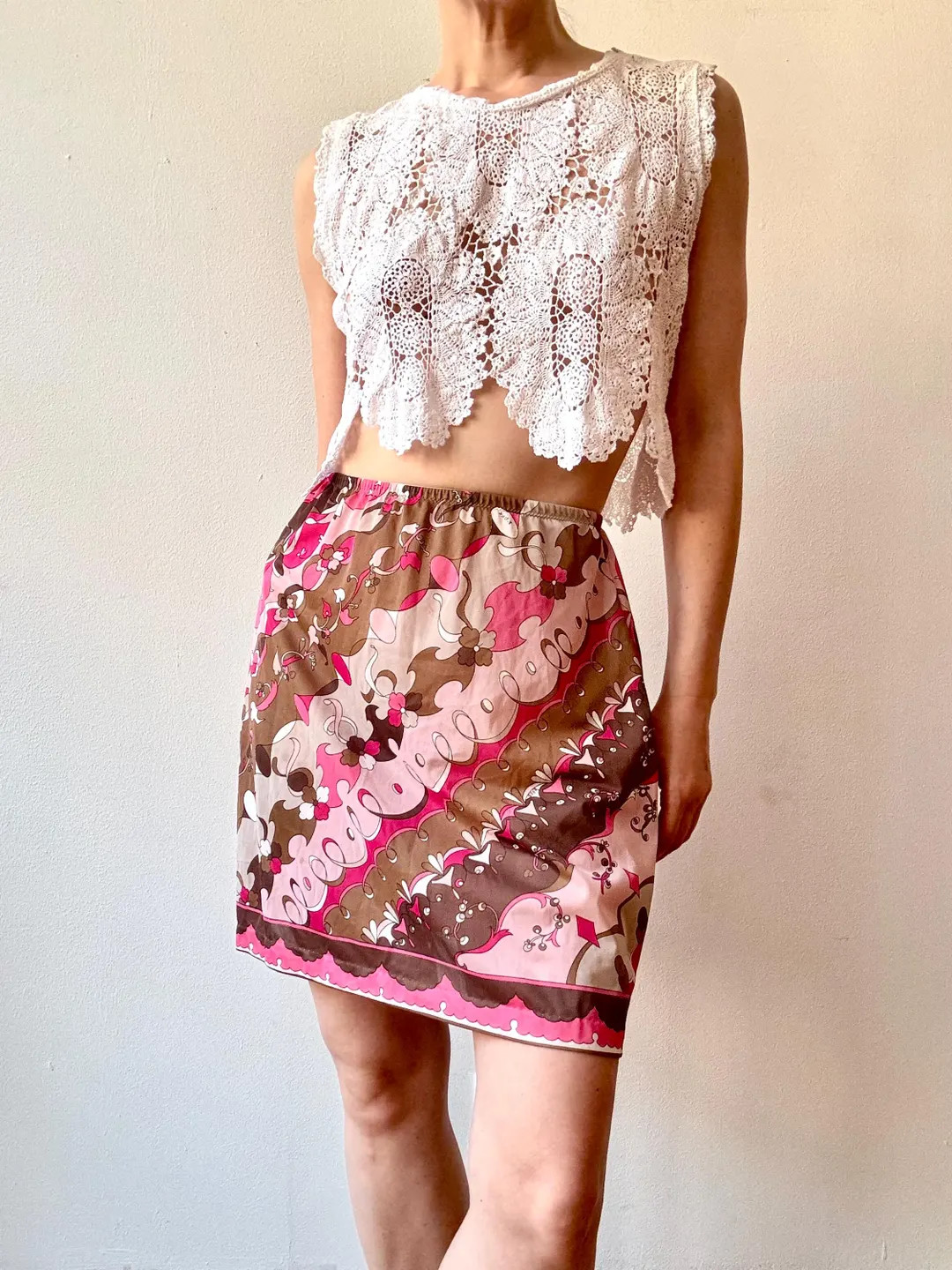 Vintage 1960s Pucci Pink & Brown Printed Nylon Slip Skirt | Etsy (US)