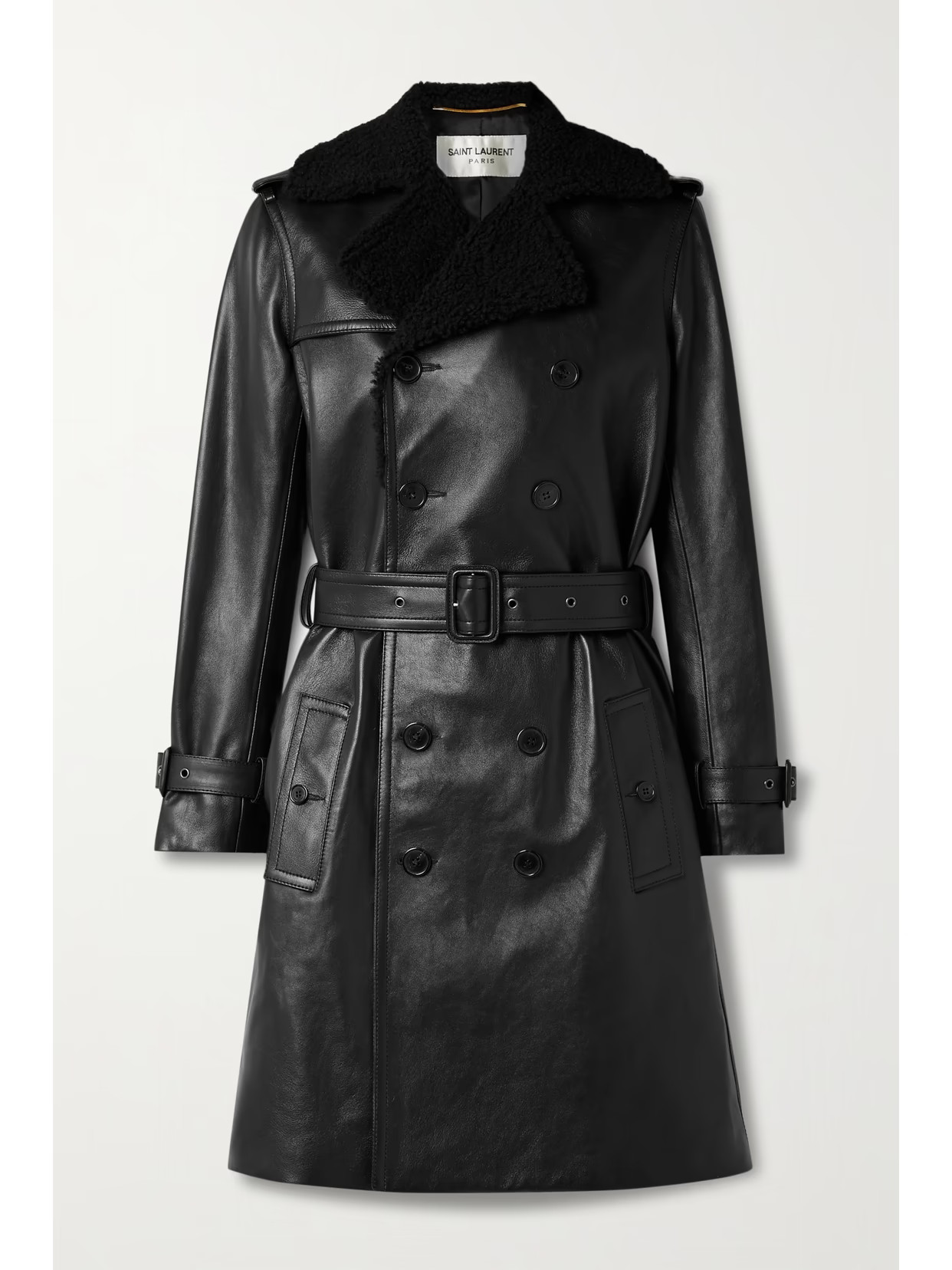 SAINT LAURENT - Belted Shearling-trimmed Leather Trench Coat - Black | NET-A-PORTER (UK & EU)