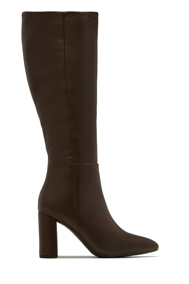 Miss Lola | Fine Time Brown Block Heel Knee High Boots | MISS LOLA
