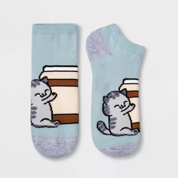 Women's Fuzzy Coffee Cat Low Cut Socks - Xhilaration™ Blue 4-10 | Target
