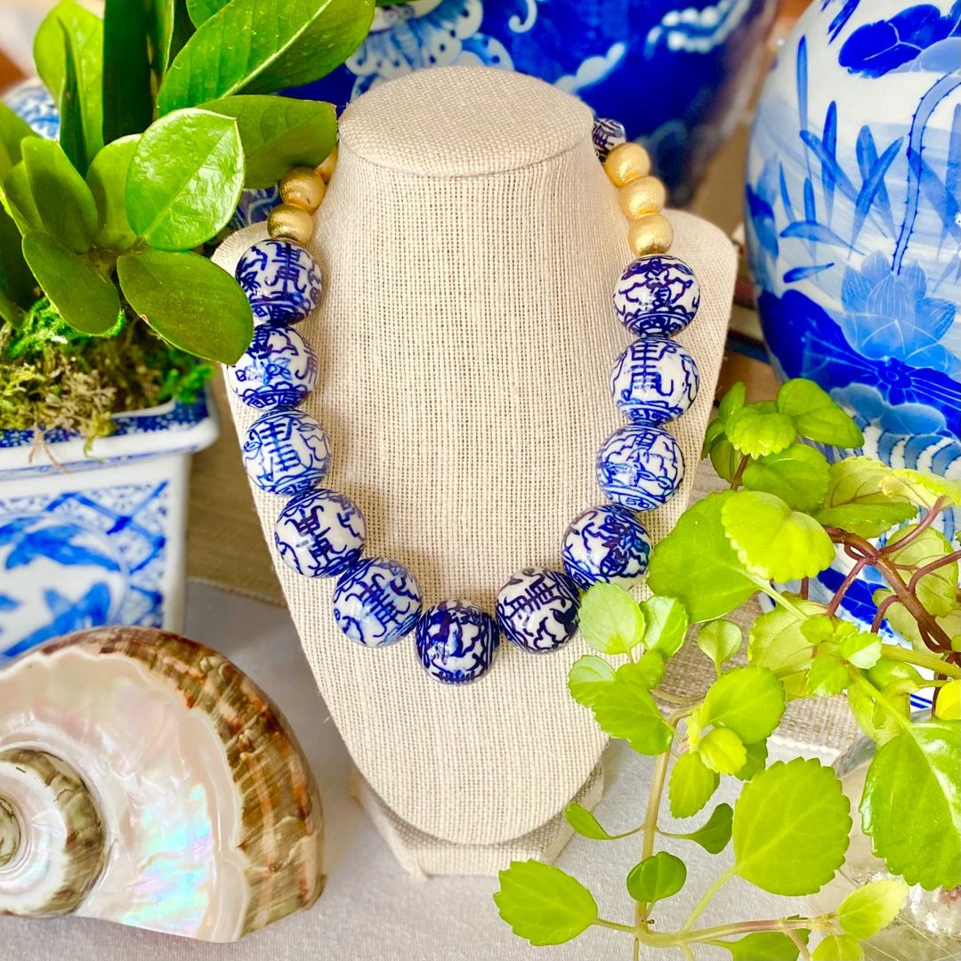 Blue and White Chinoiserie statement Necklace. | Etsy (US)