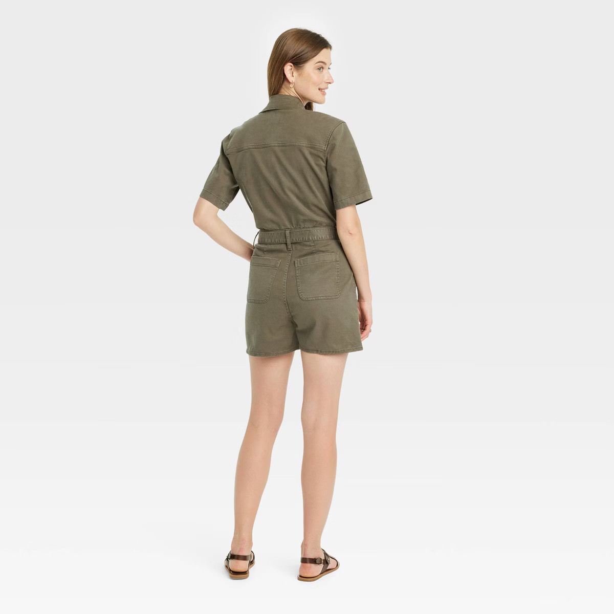Women's Short Sleeve Denim Romper - Universal Thread™ Olive Green | Target