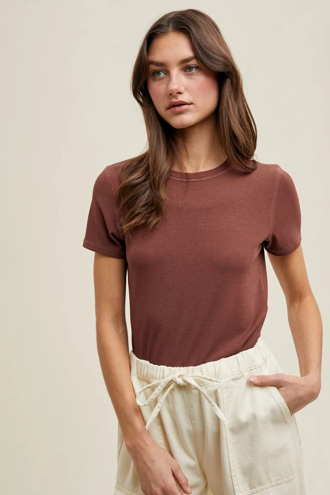 Brown Ribbed Short Sleeve Curved Hem Top | PinkBlush Maternity