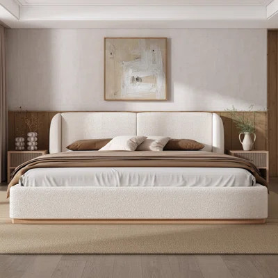 Bed Frame with Boucle Upholstered Wingback Headboard, Solid Wood Base for Elegant and Comfortable Sleep | Wayfair North America