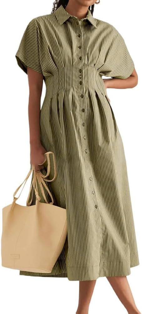 chouyatou Women's Contrast Color Striped Shirt Dress Pleated Button Down Maxi Long Tunic Dress | Amazon (US)