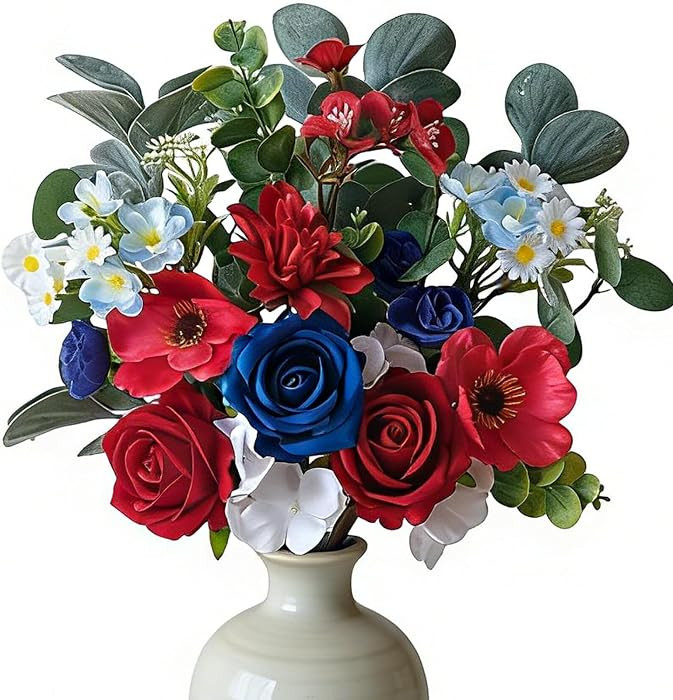 Idyllic 6 Pcs Red White & Blue Patriotic Floral Stems, Artificial Roses Hydrangeas Daisies for 4t... | Amazon (US)