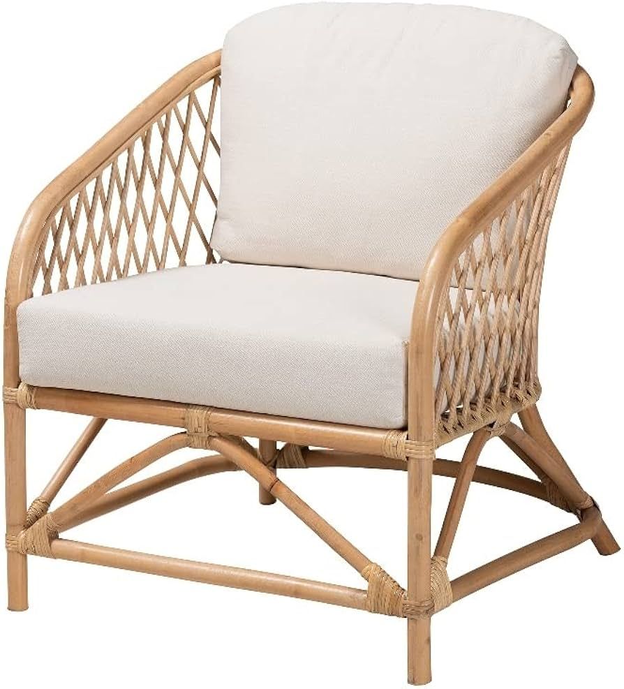 Baxton Studio Patsy White Fabric and Natural Brown Rattan Armchair | Amazon (US)