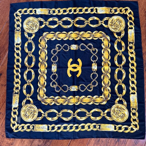 Authentic Classic CHANEL silk scarf with Black & gold chain | Poshmark
