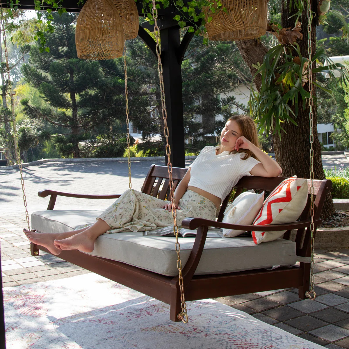 Wrenn Mahogany Wood Porch Swing Bed | Wayfair North America