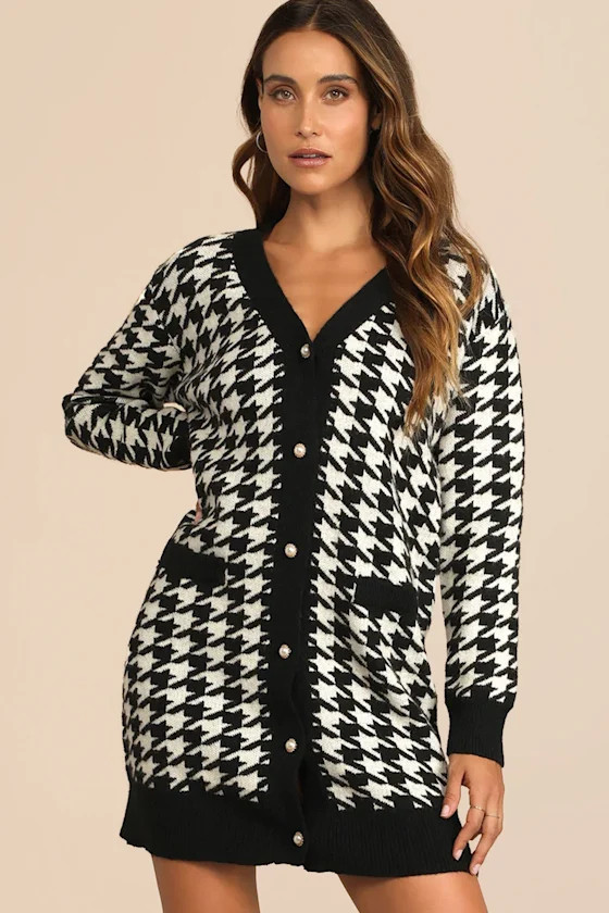 Truly Iconic Black and White Houndstooth Cardigan Sweater Dress | Lulus