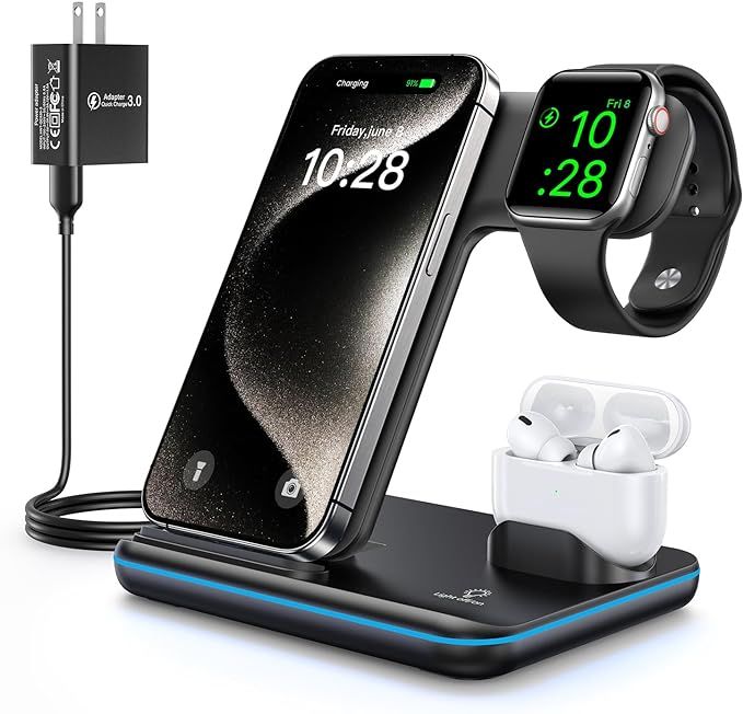WAITIEE Wireless Charger 3 in 1, 15W Fast Charging Station for Apple Watch 9/8/Ultra 2/Ultra/SE/7... | Amazon (US)