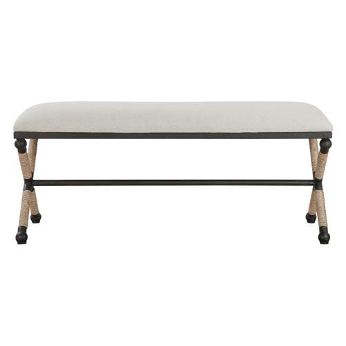 Finley Coastal Beach Black Iron Frame Rope Accent Beige Cushion Bench | Kathy Kuo Home