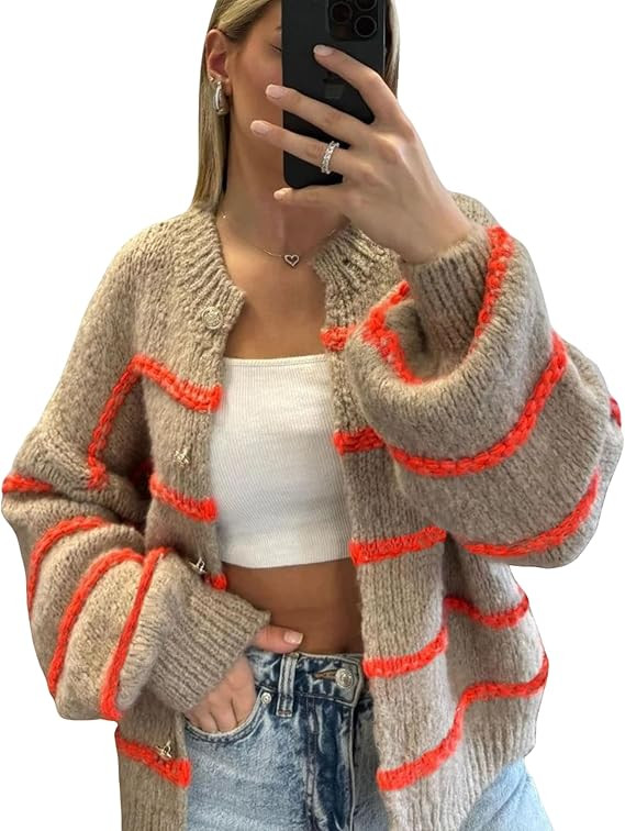 QIBABU Womens Striped Cardigan Sweaters Casual Open Front Long Sleeve Button Down Knit Outwear | Amazon (US)