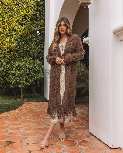 Vicenta Knit Fringe Open Front Cardigan - Chocolate | VICI
