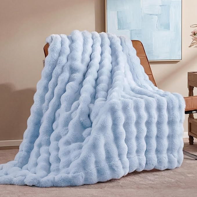 Faux Fur Throw Blanket for Couch - Light Blue Super Soft Cozy Bubble Blanket, Fluffy Plush Fuzzy ... | Amazon (US)