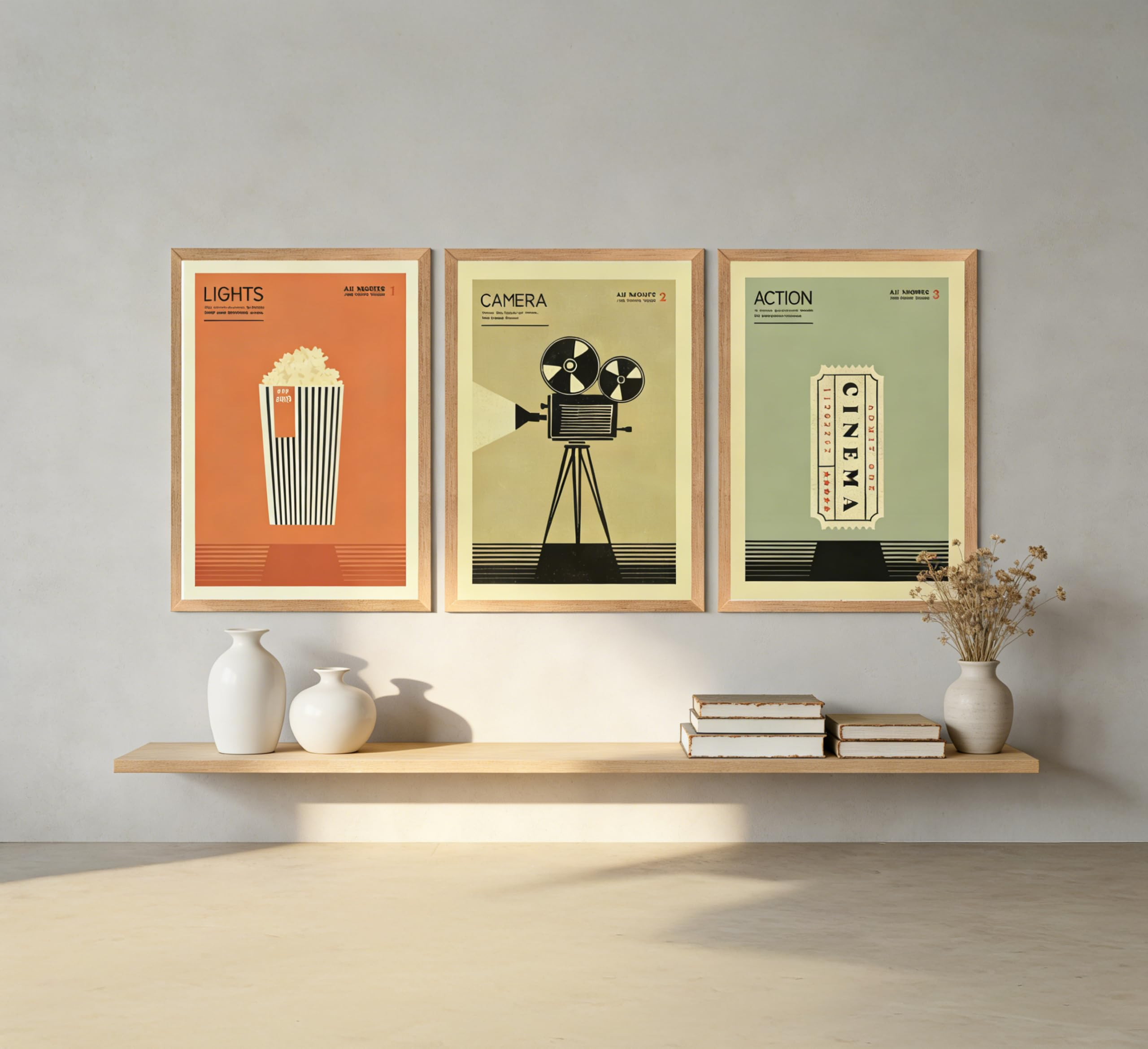 LAXIGYM 3Pcs Vintage Movie Wall Art, Film Reels Popcorn Lampligh Painting Picture Wall Decor, Hom... | Amazon (US)