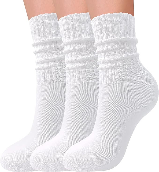 3 Pairs Slouch Socks for Women Soft Mid Calf Rib Scrunch Crew Tube Socks | Amazon (US)