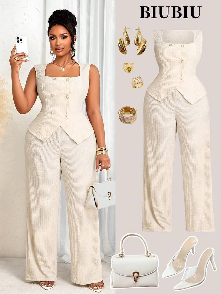 Plus Size Women's Fashion Solid Color High Elasticity 2-Piece Set - Long Sleeve V-Neck Double-Breasted Fitted Top & High Waist Loose Straight Pants, Elegant Commuter Style, Suitable For Dates, Work, Spring/Summer. Cure Apparel. | SHEIN