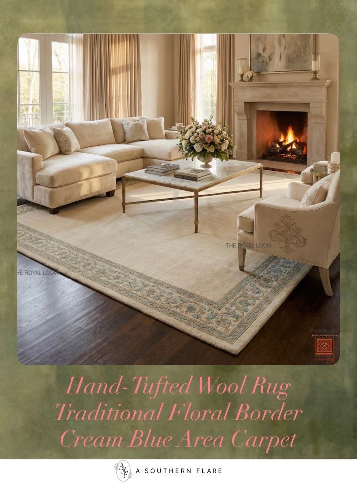 Hand-Tufted Wool Rug Traditional Floral Border Cream Blue Area Carpet For Bedroom Living Room

#LTKHome