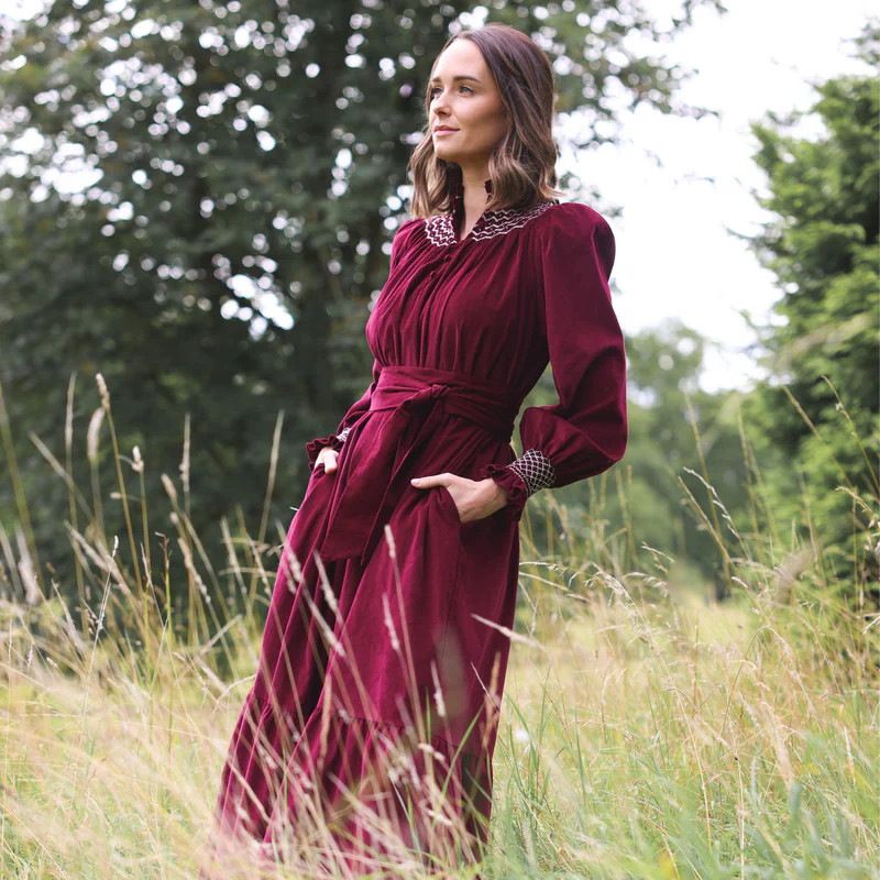 Colette Women's Dress Mulberry Needlecord with Rose Milk Smocking | Smock London