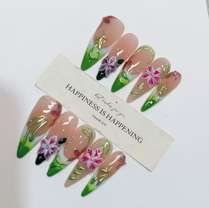 Handmade Press on Nails Long Stiletto False Nails French Tip Fake Nails with 3D Flower Designs Sp... | Amazon (US)