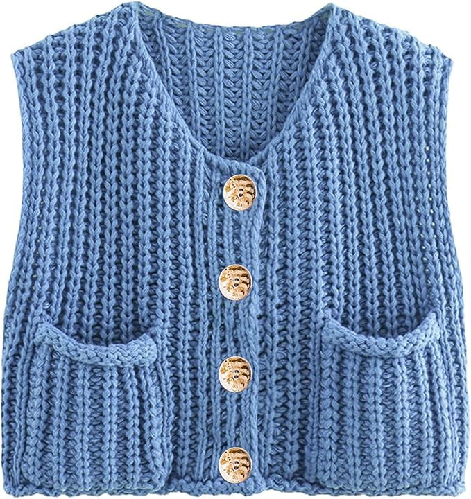 Womens Summer Crop Knit Sweater Vest Sleeveless Button Down Chunky Knit Vest Cardigan with Pocket... | Amazon (US)