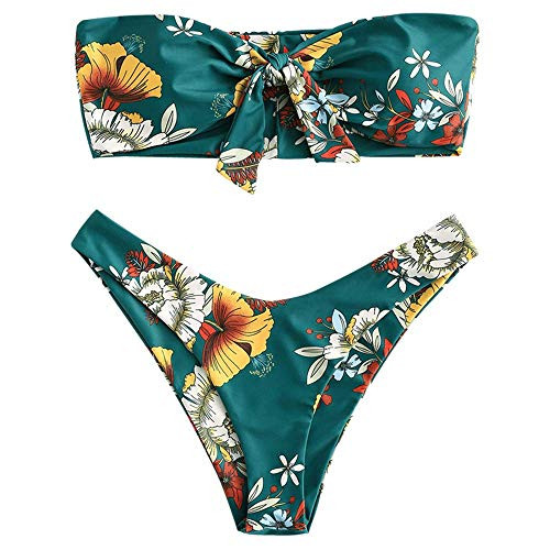 ZAFUL Knotted Bandeau Bikini for Women Strapless Swimsuits High Cut Bathing Suit Sexy 2 Piece Swimwear Green Floral S | Amazon (US)