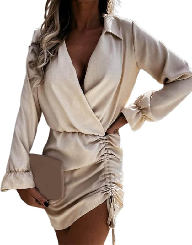 Superper Women Dress Fashion Drawstring Polyester Slim Sexy Bag Hip Pleated Mini V-Neck Pencil La... | Amazon (US)