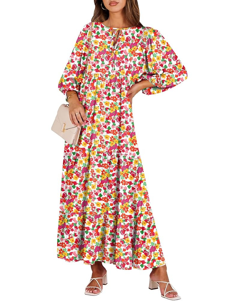 ANRABESS Womens Boho Maxi Dresses 2025 Summer V Neck Puff Sleeve Floral Flowy Swing Fall Casual L... | Amazon (US)