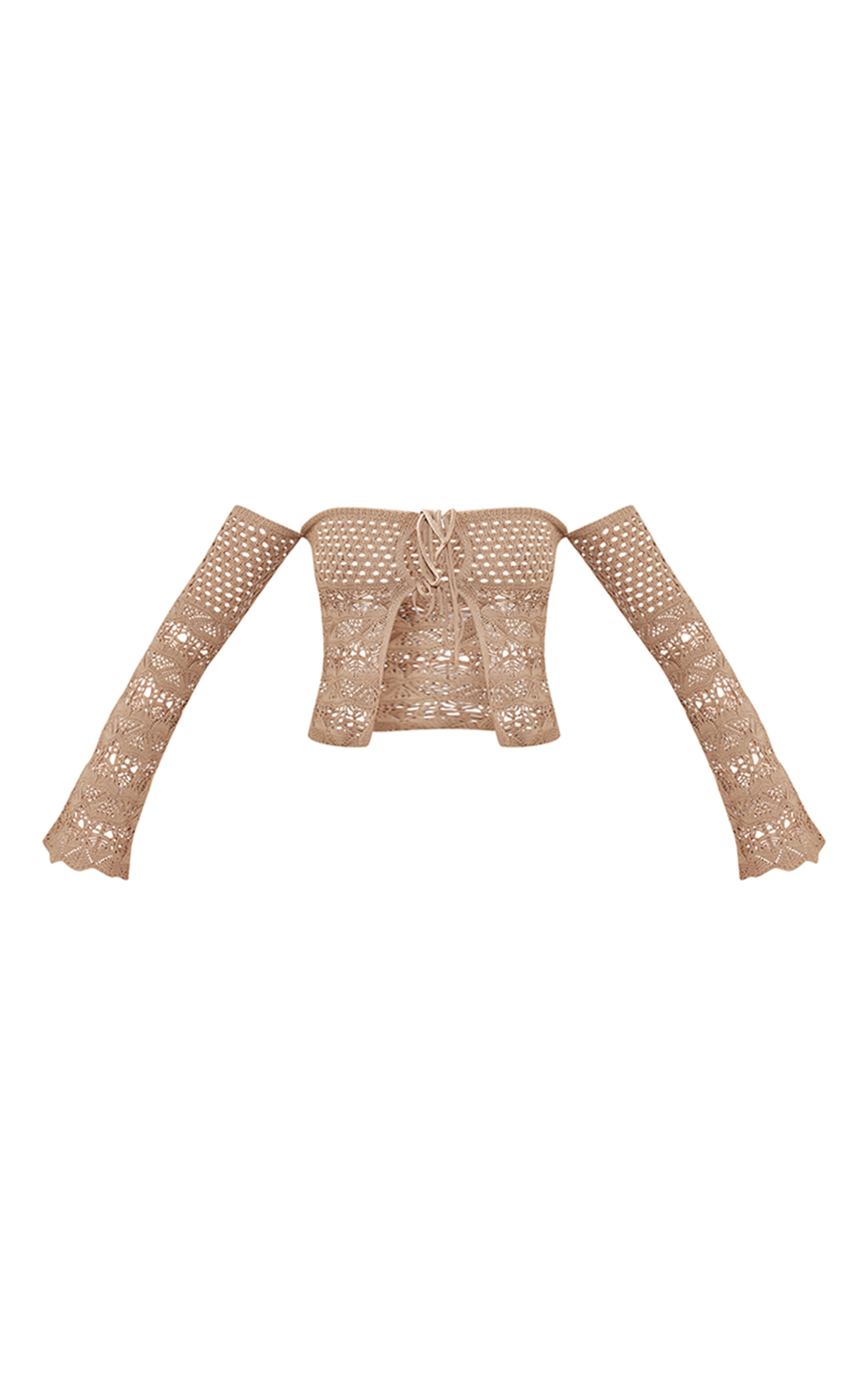 Taupe Crochet Knit Bardot Tie Front Top | PrettyLittleThing US